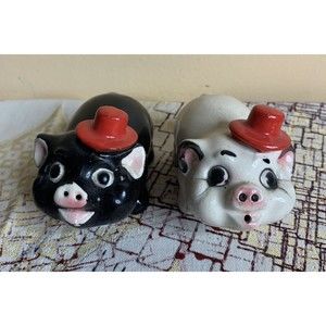 Vintage Anthropomorphic Pig Salt & Pepper Shaker Set Black & White w/ Hats. #A4